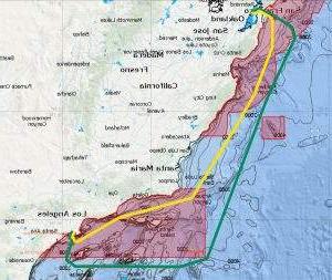 从旧金山到洛杉矶的澳博体育app下载沿岸地图，显示船只减速区, 澳博体育app之前沿海岸的路线, 以及澳博体育app在减速区附近的调整路线.